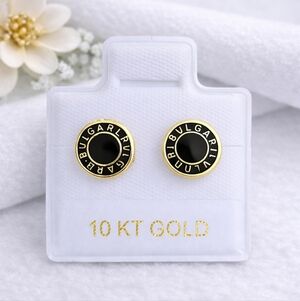 10K Mex. Gold Style Bulgari Black Enamel Stud Earrings Broquel Aretes Redondos